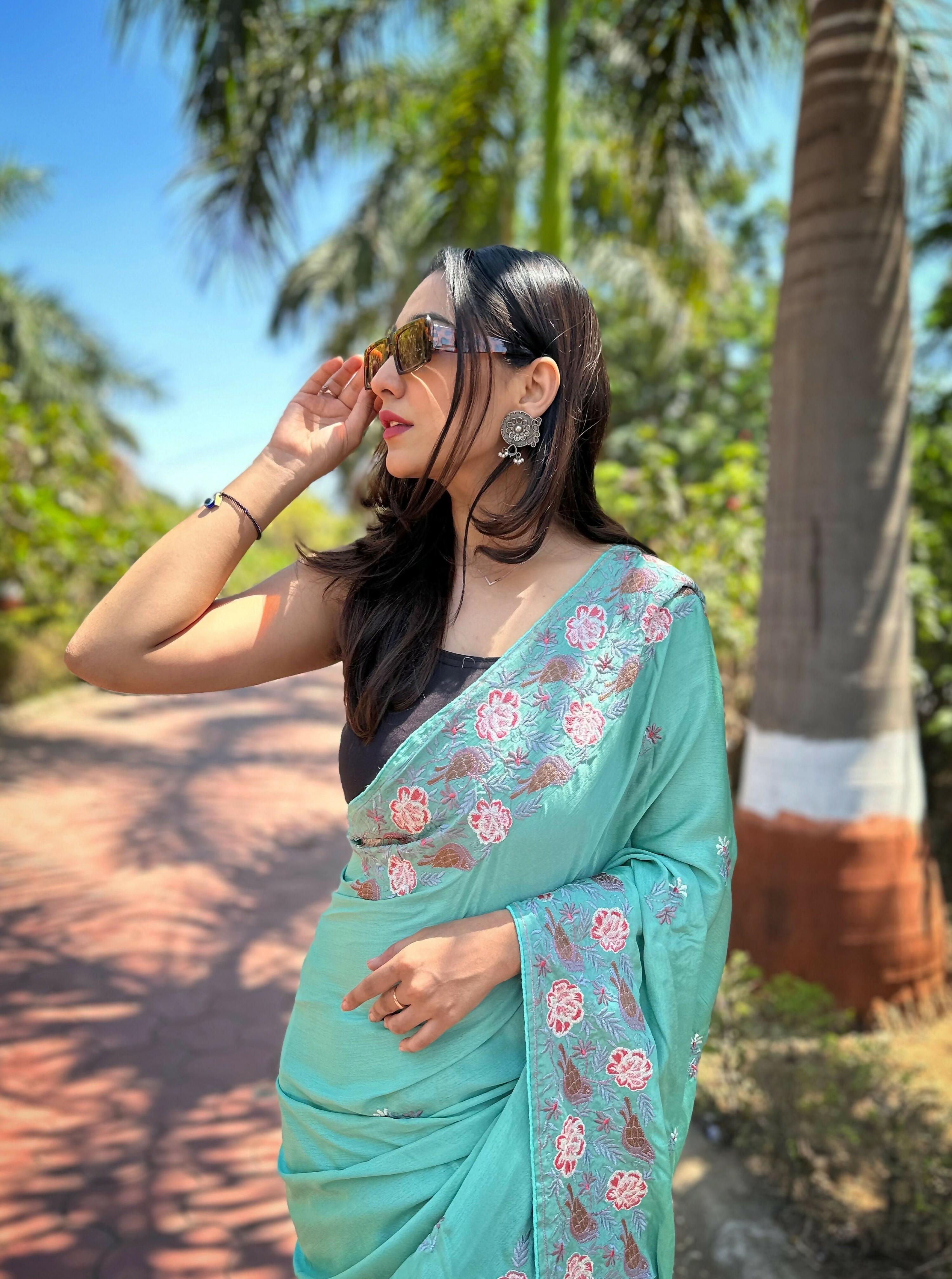 Vamsee Chinon Panchi Sea Green Shimmer Saree | Grocsy