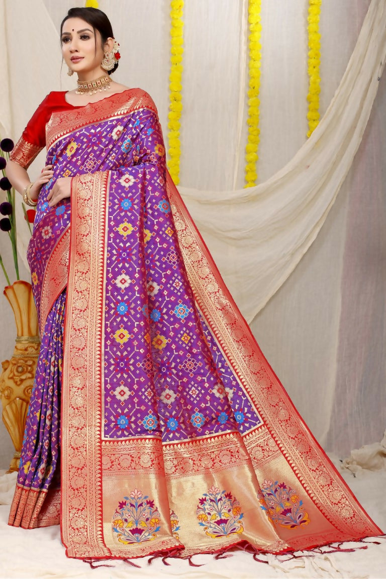 Jyoti Fashion Women's Purple Patola Silk Zari Woven Saree with Blouse | Grocsy