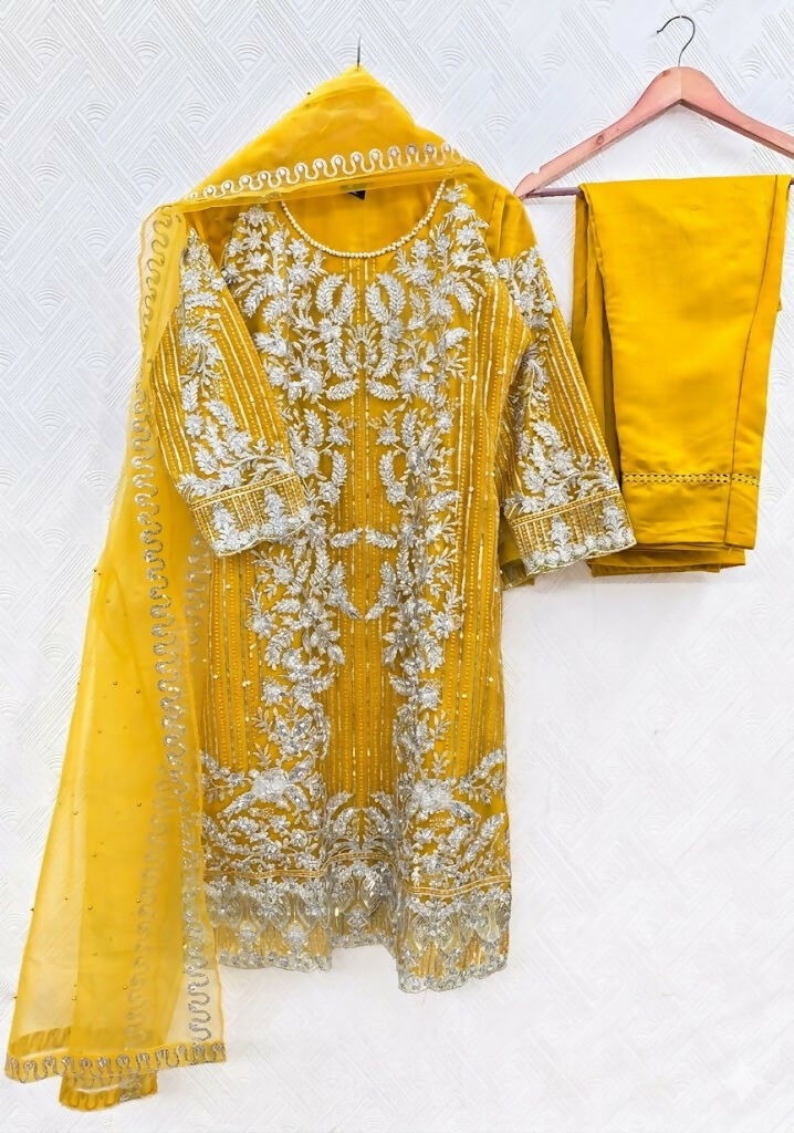 Teeya Creation Womens New Soft Net With Heavy Embroiedery With Sequence Work Yellow Kurta Set | Grocsy