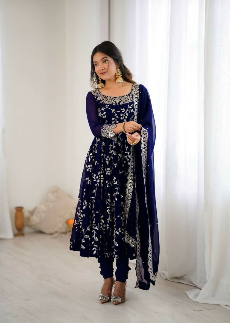 Teeya Creation Blue Color Heavy Faux Georgette Embroidery Work Gown | Grocsy