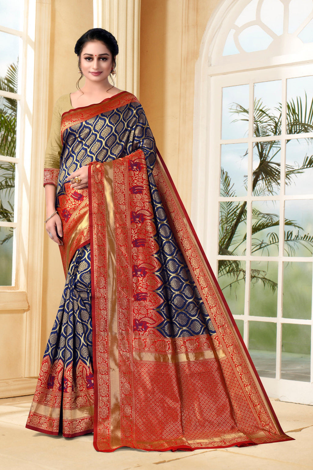 Vedant Vastram Litchi Silk Designer Banarasi Saree - Navy Blue | Grocsy