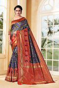 Vedant Vastram Litchi Silk Designer Banarasi Saree - Navy Blue | Grocsy