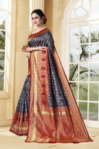 Vedant Vastram Litchi Silk Designer Banarasi Saree - Navy Blue | Grocsy