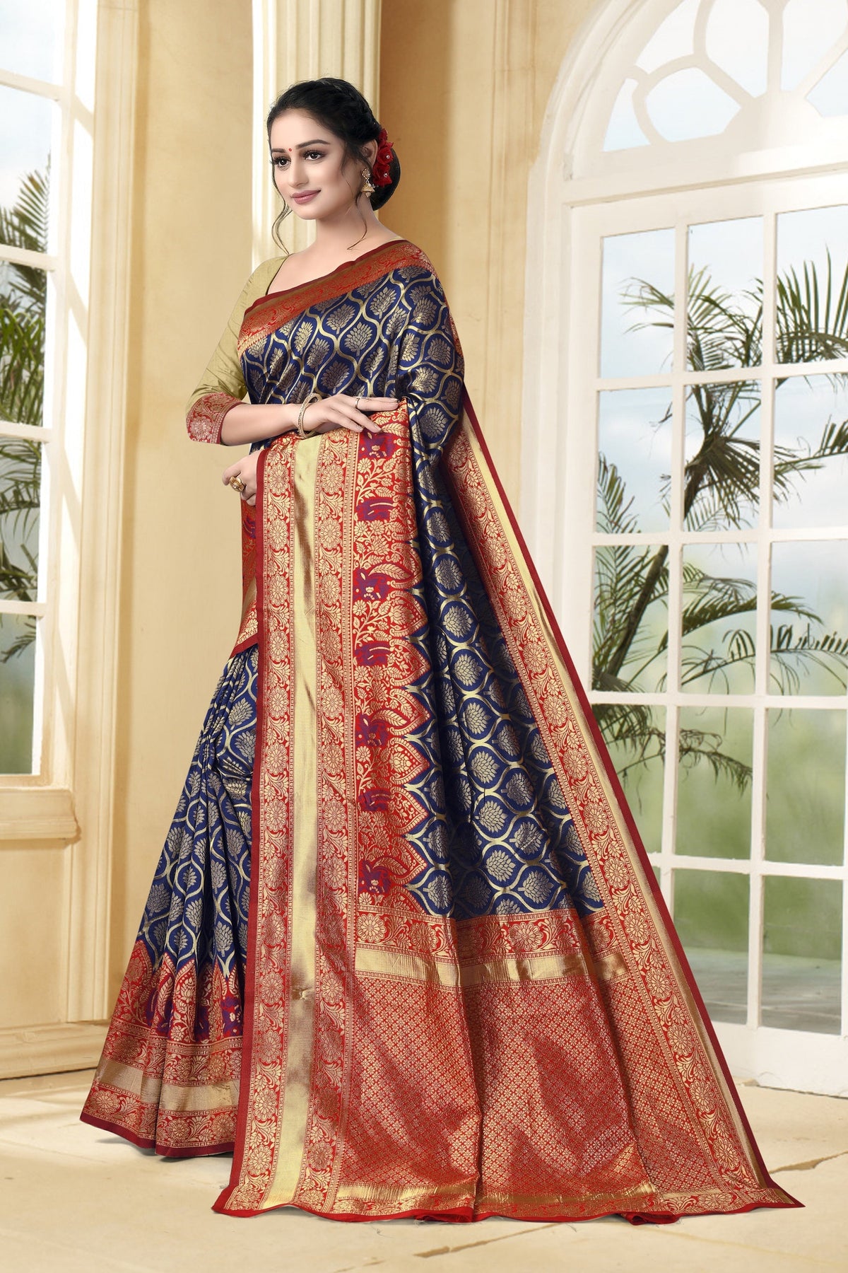 Vedant Vastram Litchi Silk Designer Banarasi Saree - Navy Blue | Grocsy