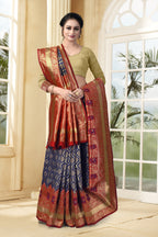Vedant Vastram Litchi Silk Designer Banarasi Saree - Navy Blue | Grocsy