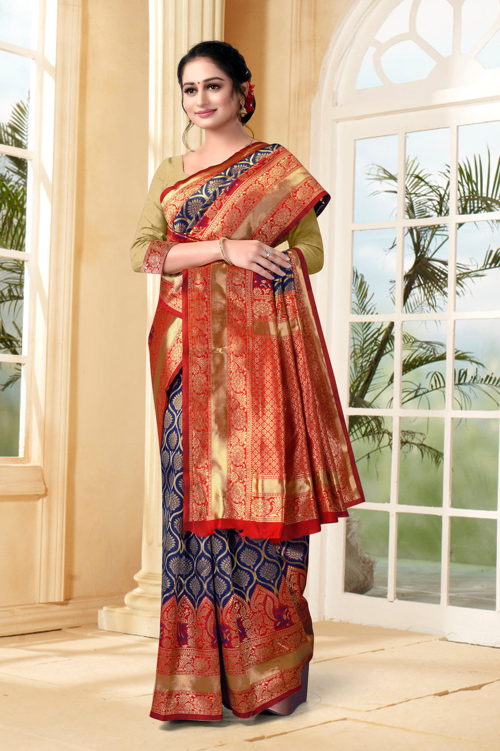 Vedant Vastram Litchi Silk Designer Banarasi Saree - Navy Blue | Grocsy