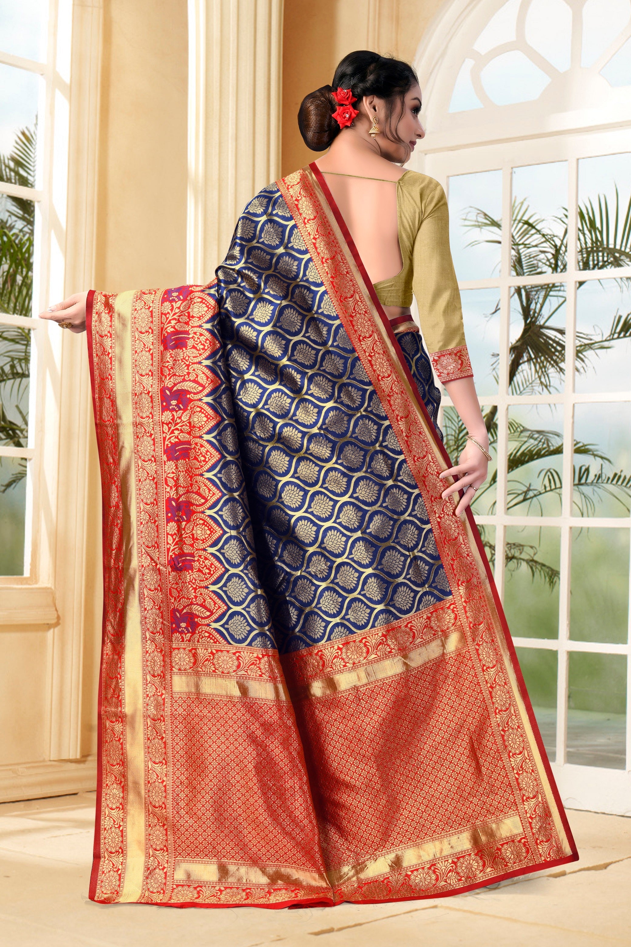 Vedant Vastram Litchi Silk Designer Banarasi Saree - Navy Blue | Grocsy