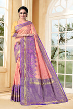 Vedant Vastram Litchi Silk Designer Banarasi Saree - Peach | Grocsy