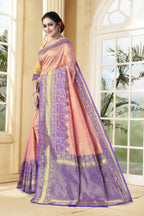 Vedant Vastram Litchi Silk Designer Banarasi Saree - Peach | Grocsy