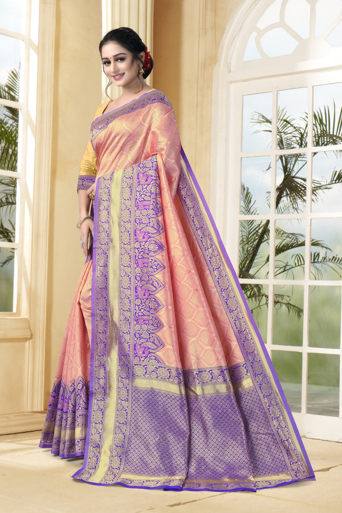 Vedant Vastram Litchi Silk Designer Banarasi Saree - Peach | Grocsy