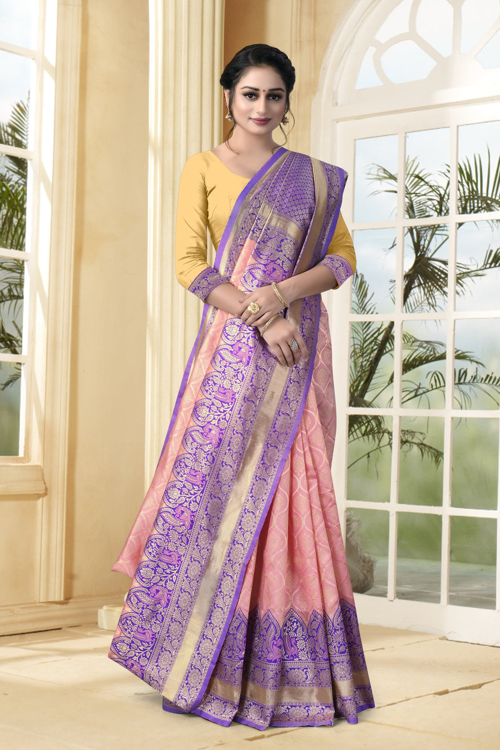 Vedant Vastram Litchi Silk Designer Banarasi Saree - Peach | Grocsy