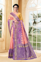 Vedant Vastram Litchi Silk Designer Banarasi Saree - Peach | Grocsy