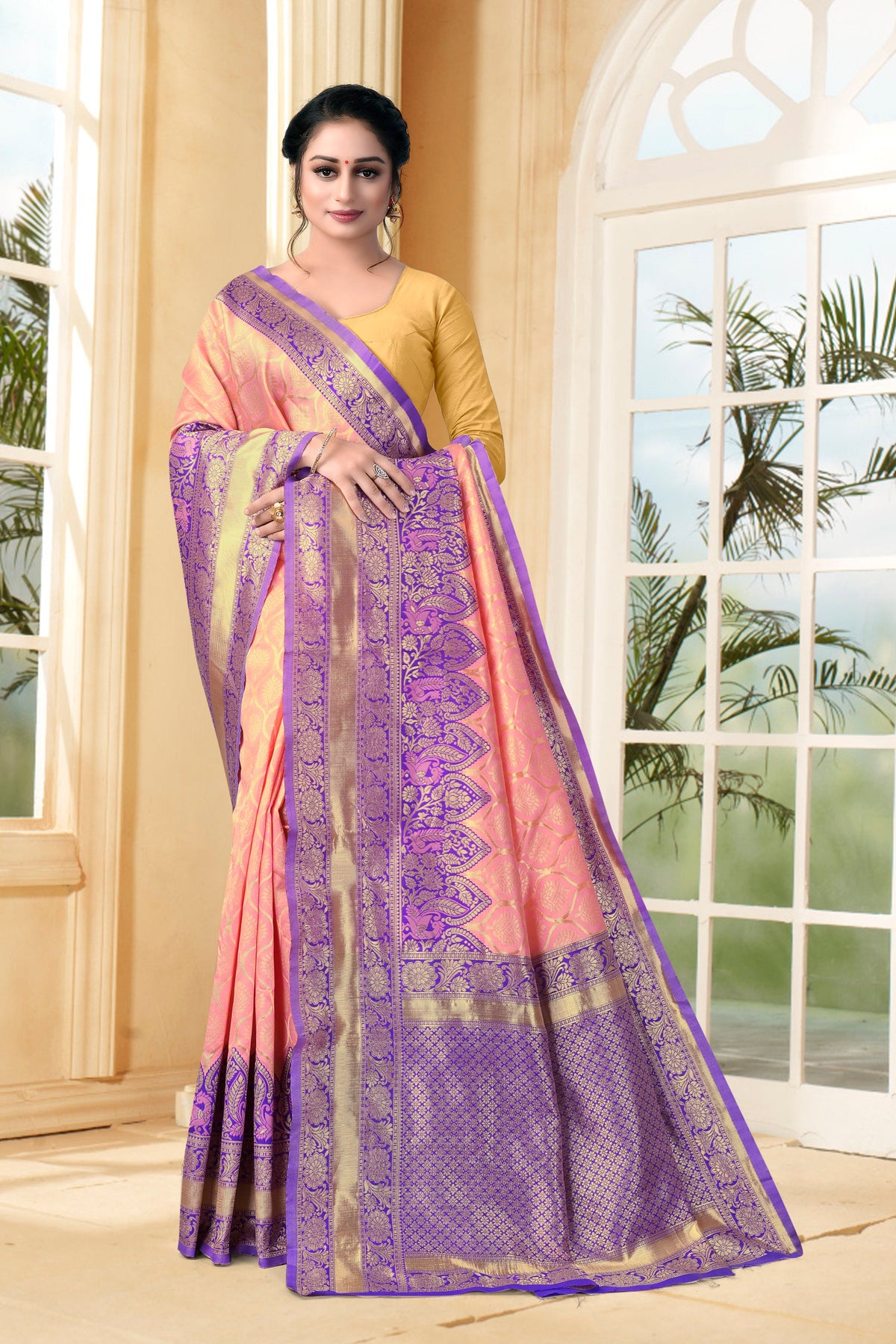 Vedant Vastram Litchi Silk Designer Banarasi Saree - Peach | Grocsy