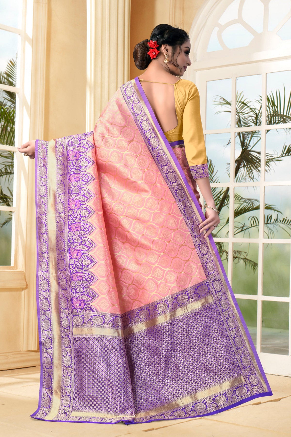 Vedant Vastram Litchi Silk Designer Banarasi Saree - Peach | Grocsy