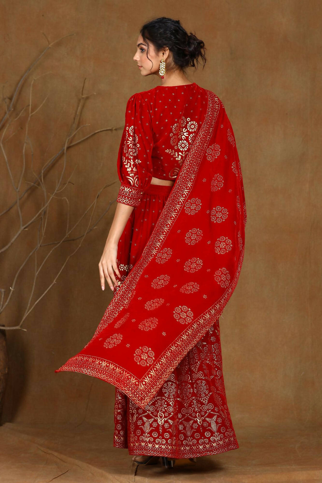 Juniper Women Maroon Velvet Printed Flared Lehenga Choli Sets | Grocsy