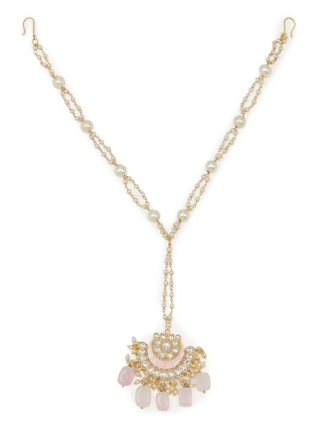Gold-Polished White Kundan-Studded Pearl Beaded Matha Patti - Ruby Raang | Grocsy