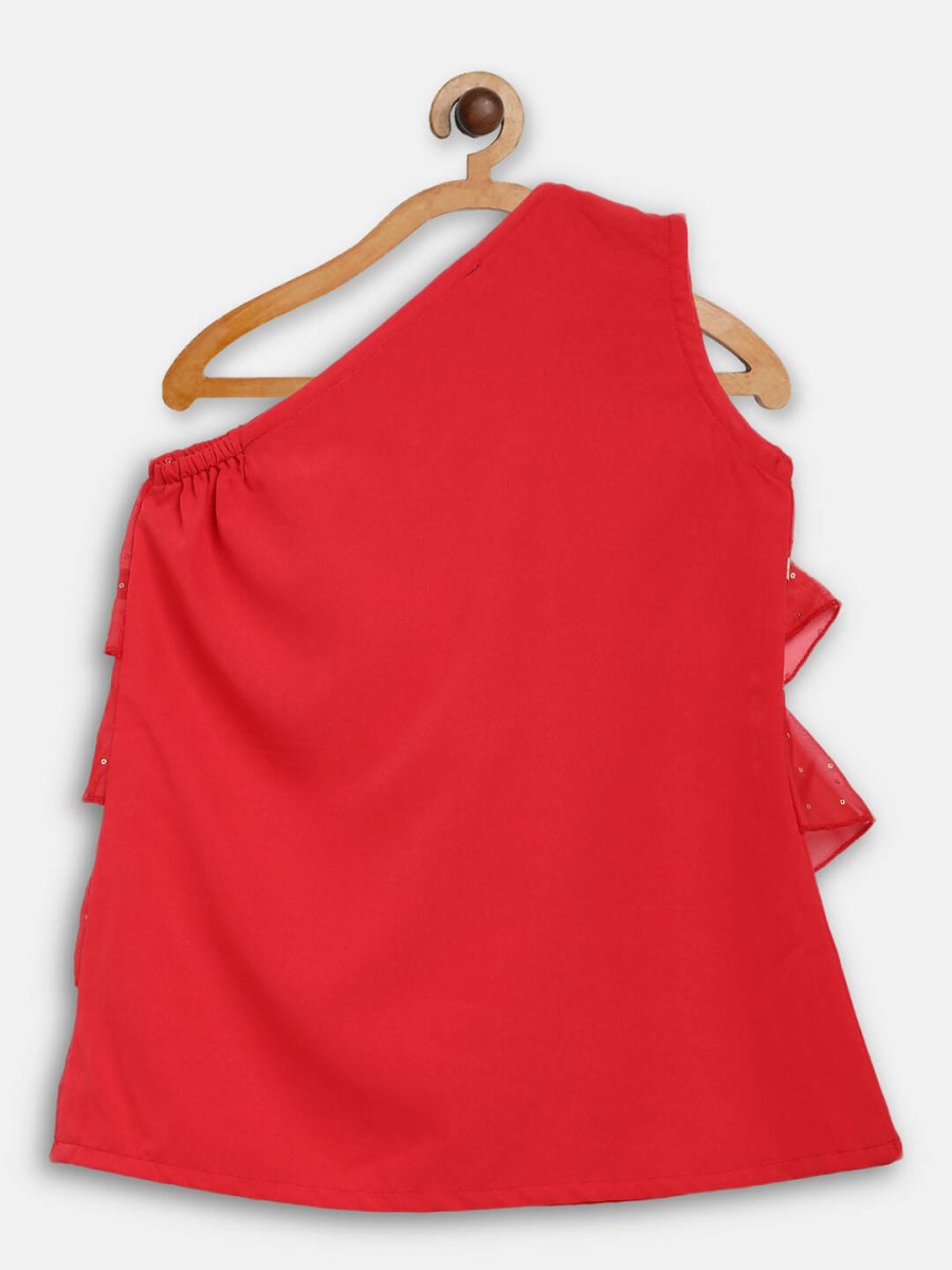Ahalyaa Red Georgette Ruffel Kids Top With Bottom For Girls | Grocsy