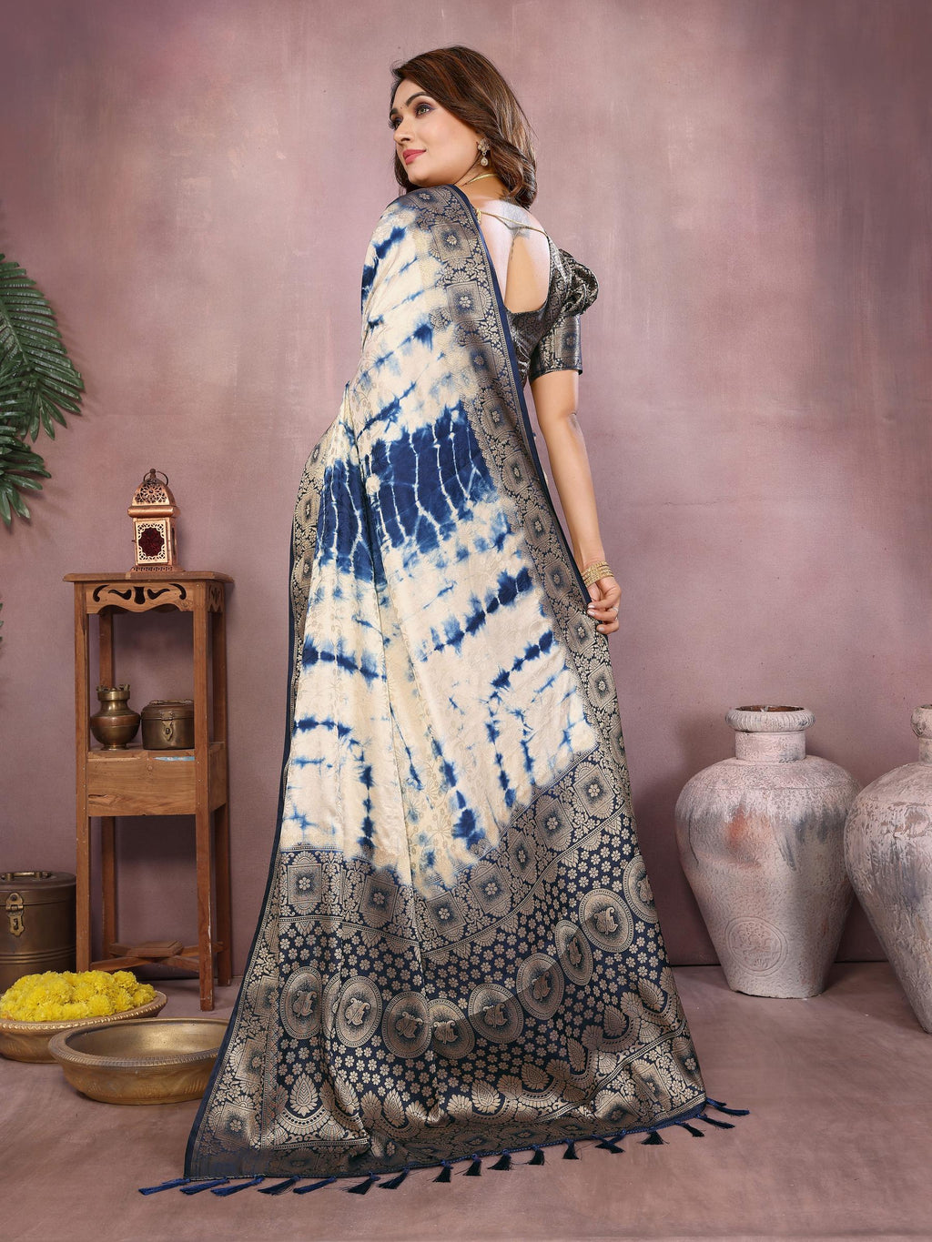Anaita Navy Soft Satin Silk Saree With Zari Weaving Work | Grocsy