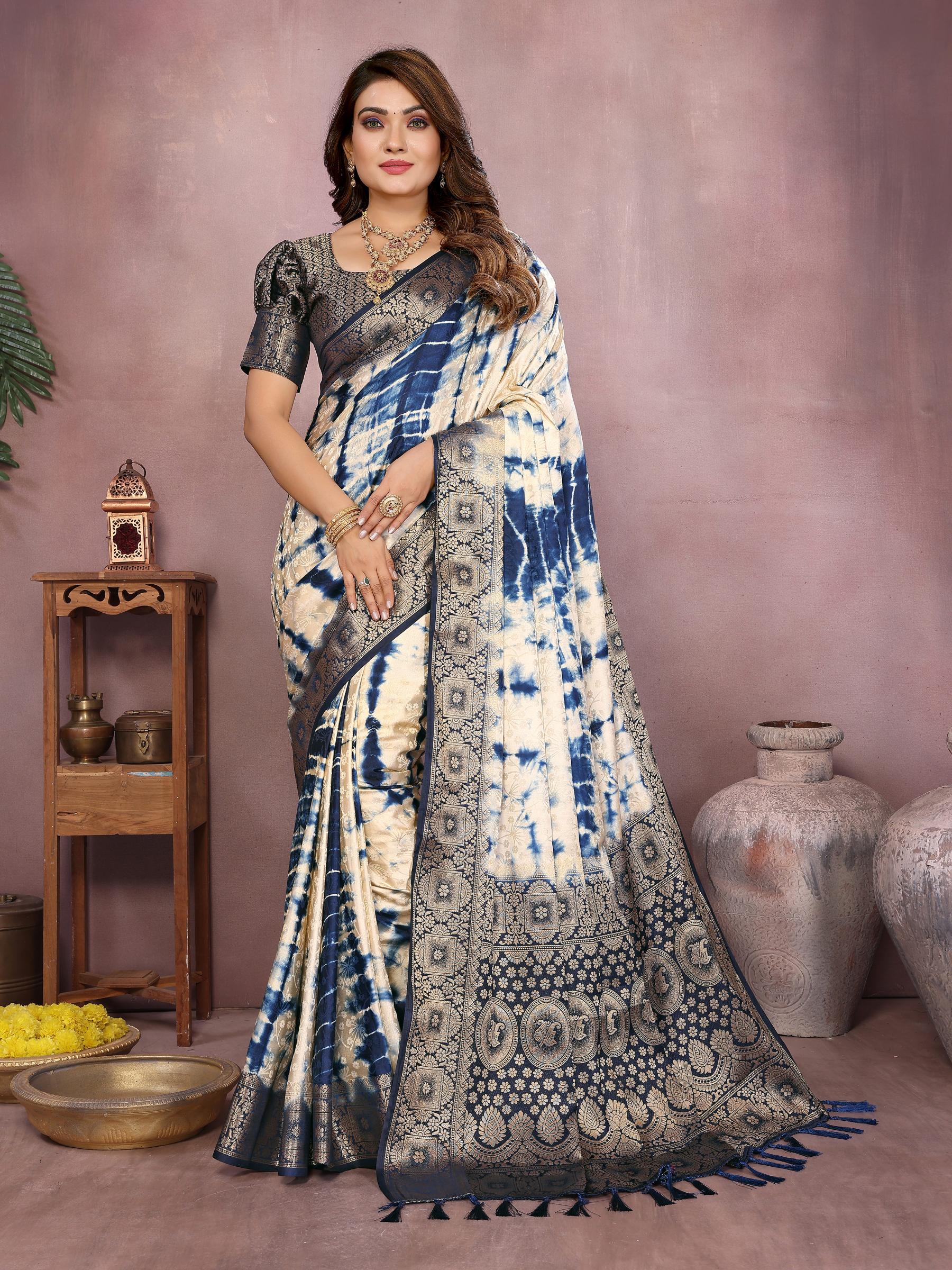 Anaita Navy Soft Satin Silk Saree With Zari Weaving Work | Grocsy