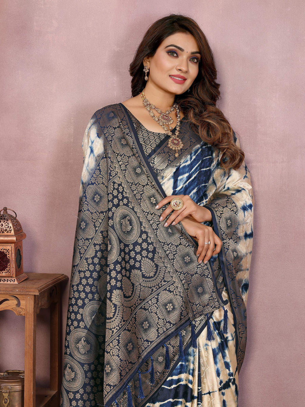 Anaita Navy Soft Satin Silk Saree With Zari Weaving Work | Grocsy