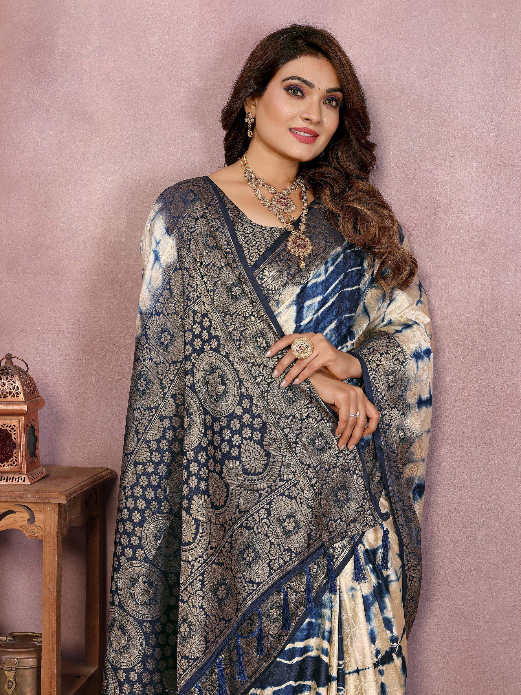 Anaita Navy Soft Satin Silk Saree With Zari Weaving Work | Grocsy