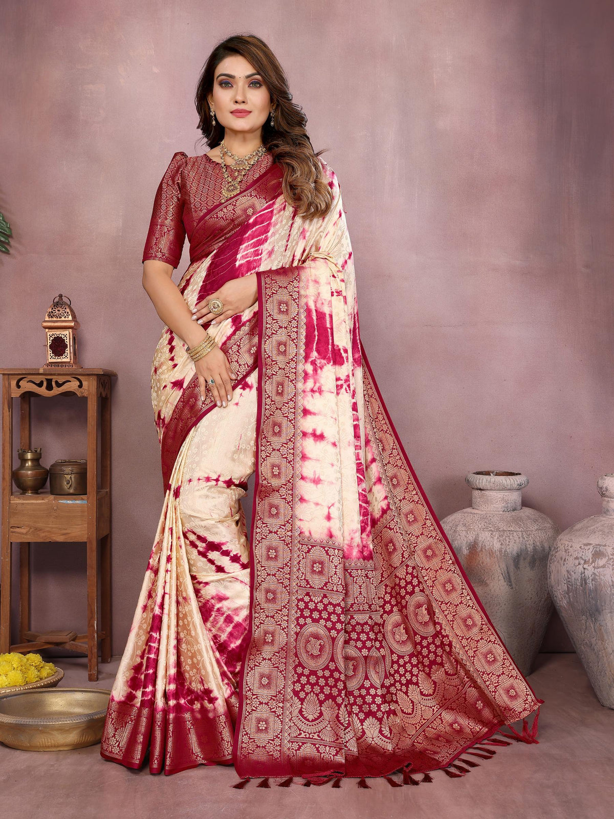 Anaita Magenta Soft Satin Silk Saree With Zari Weaving Work | Grocsy