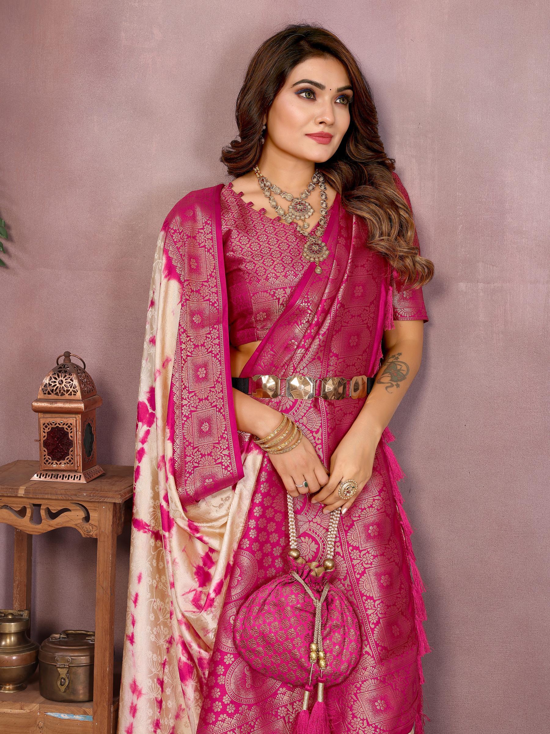 Anaita Pink Soft Satin Silk Saree With Zari Weaving Work | Grocsy