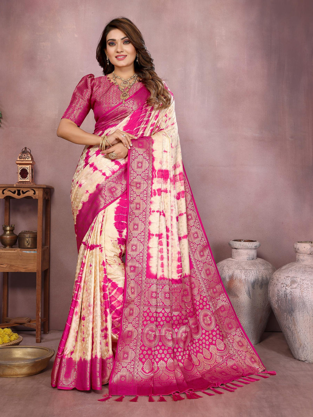 Anaita Pink Soft Satin Silk Saree With Zari Weaving Work | Grocsy