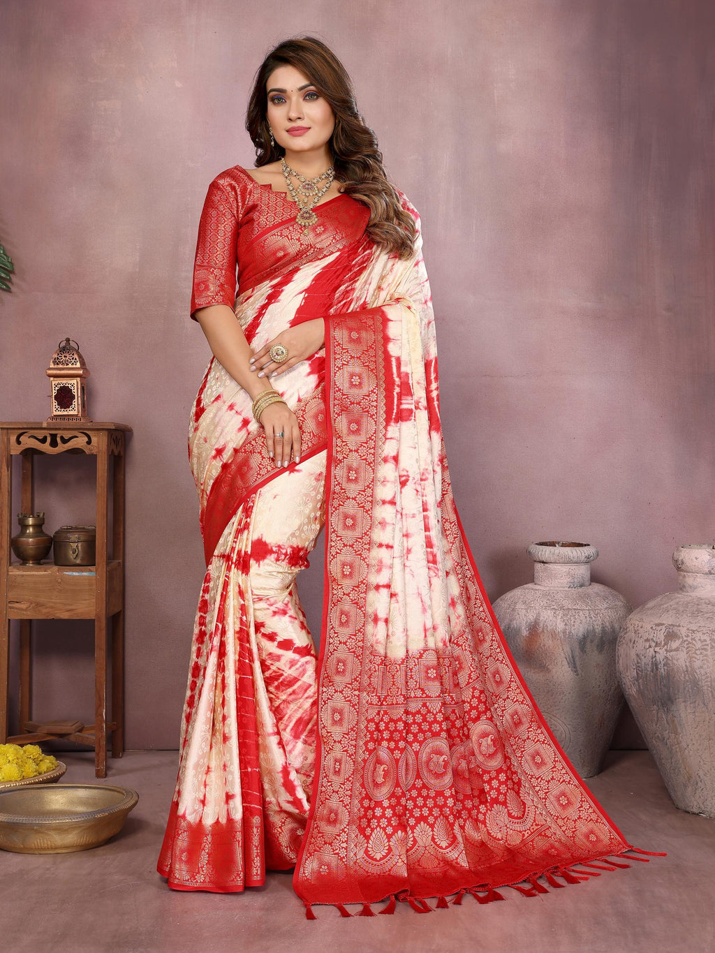 Anaita Red Soft Satin Silk Saree With Zari Weaving Work | Grocsy