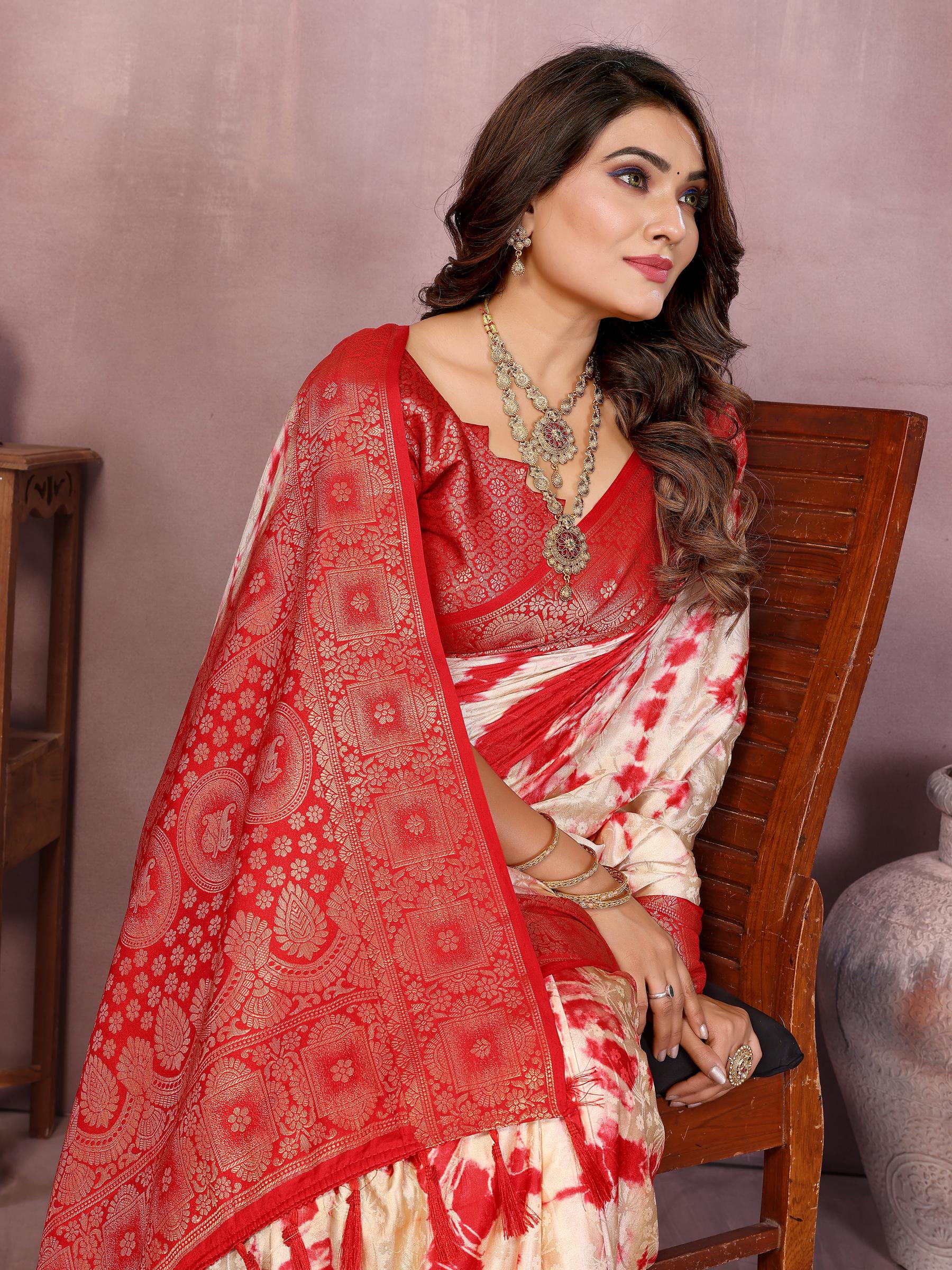 Anaita Red Soft Satin Silk Saree With Zari Weaving Work | Grocsy