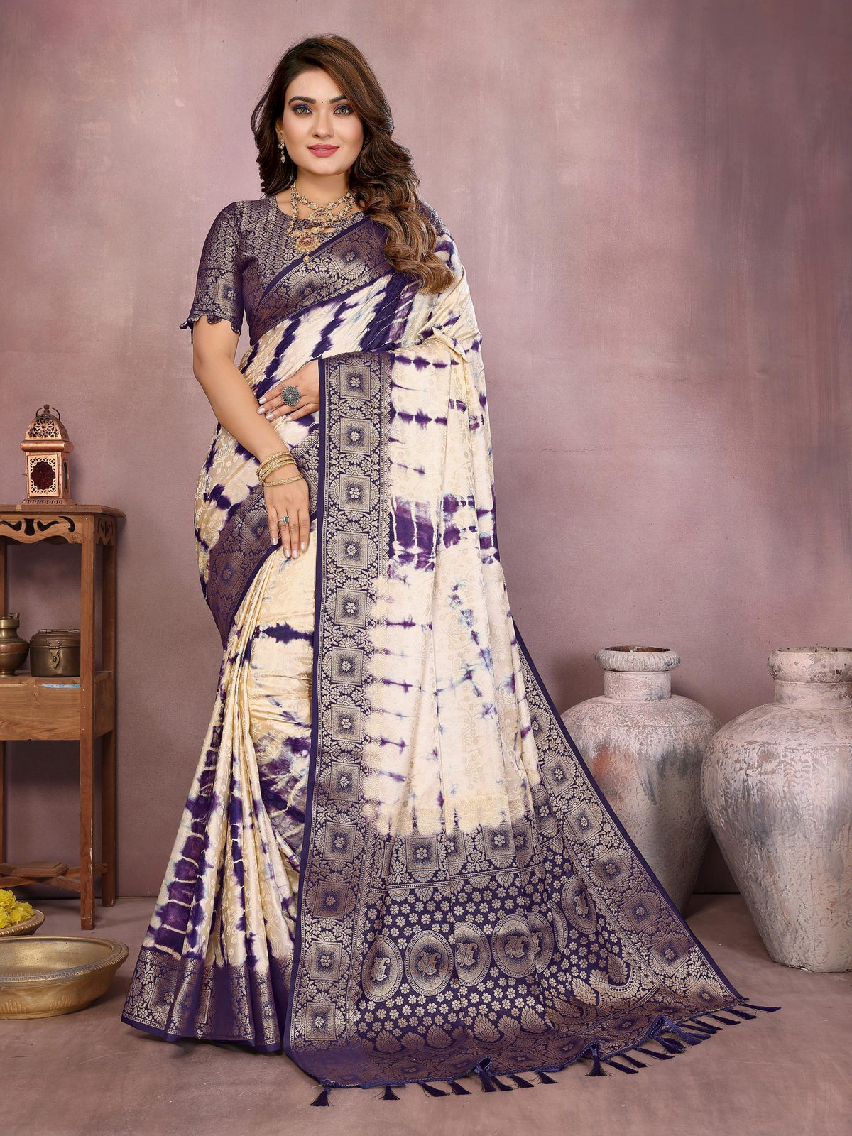 Anaita Violet Soft Satin Silk Saree With Zari Weaving Work | Grocsy