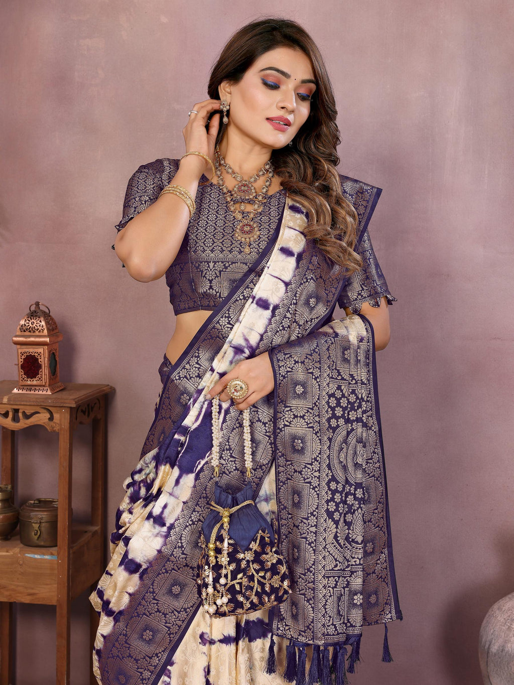 Anaita Violet Soft Satin Silk Saree With Zari Weaving Work | Grocsy