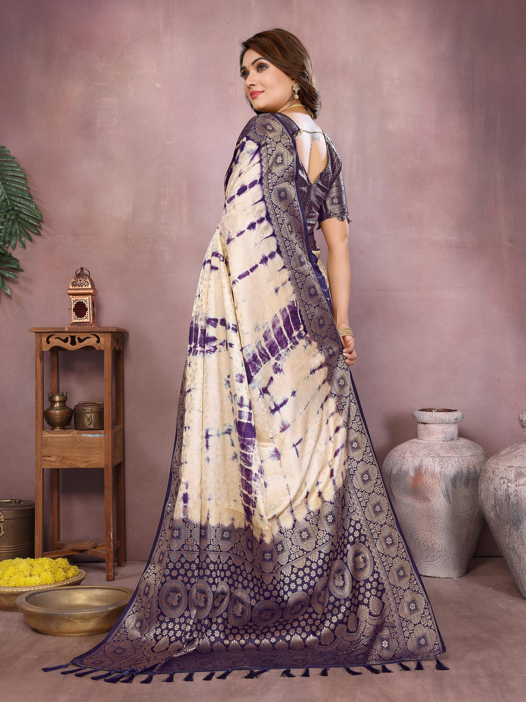 Anaita Violet Soft Satin Silk Saree With Zari Weaving Work | Grocsy