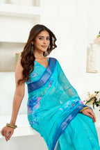 Joban Fashion Turquoise  Floral Linen Ready To Wear Saree With Unstitched Blouse | Grocsy