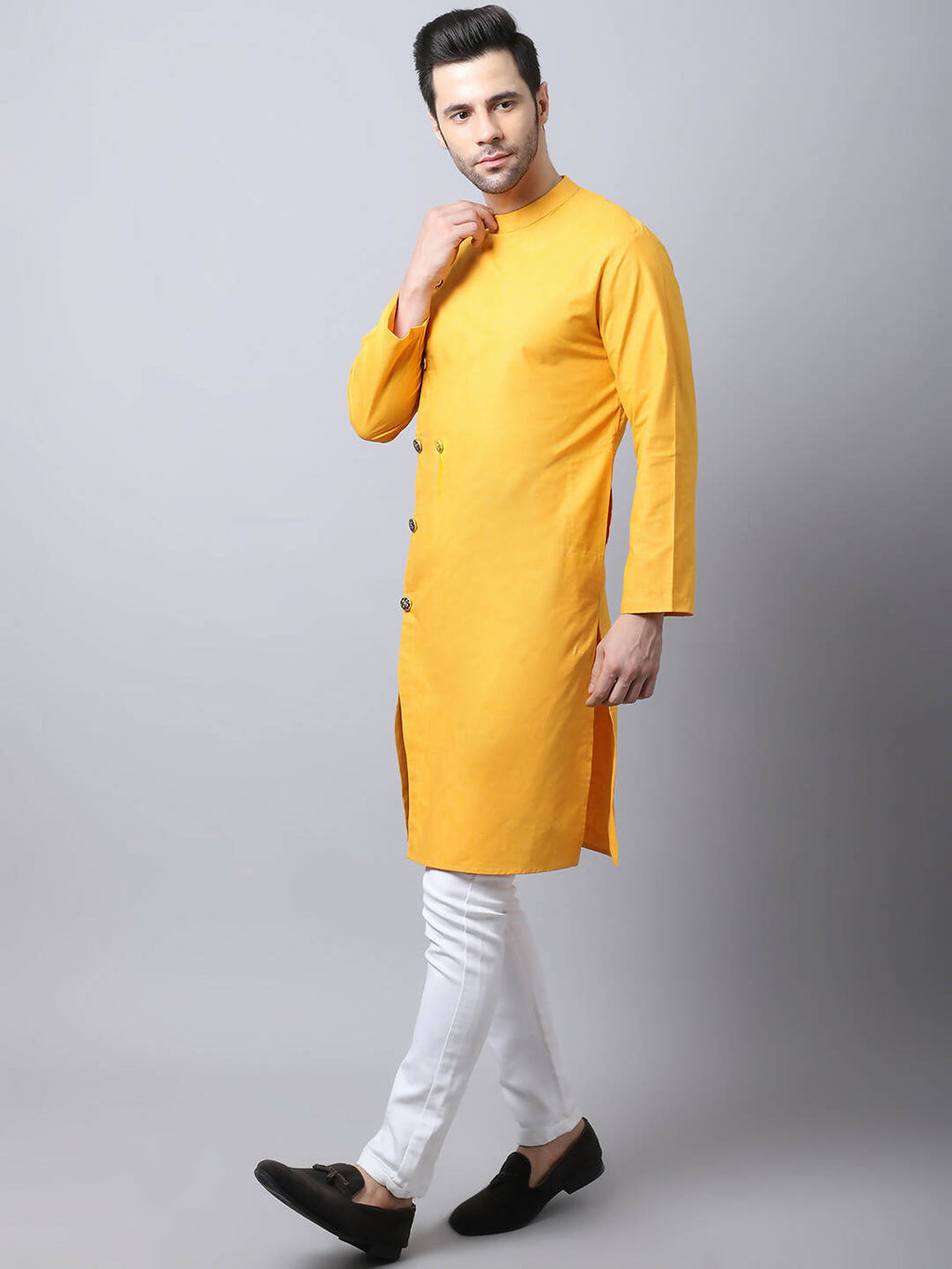 Even Apparels Yellow Pure Cotton Sherwani Kurta With Asymetrical Cut | Grocsy