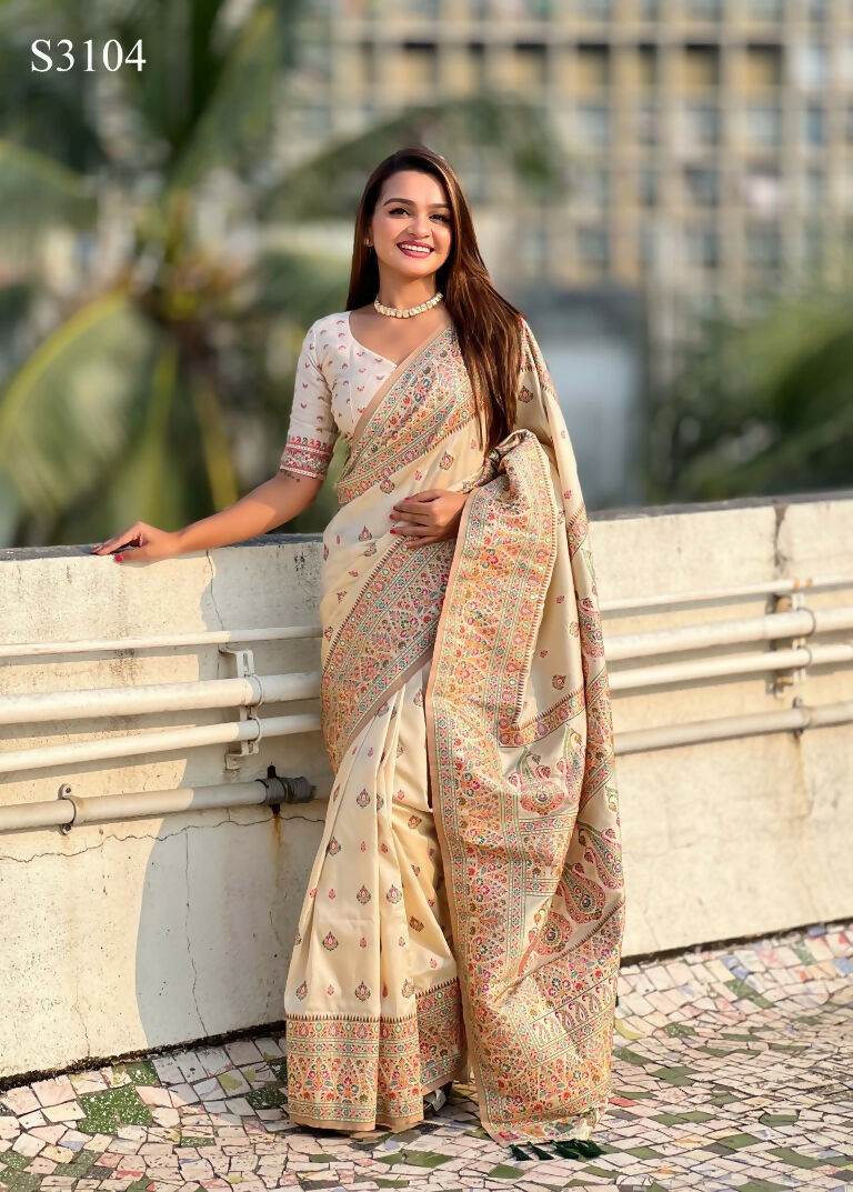 Yellow Pashmina Silk Wevon Kashmiri Meenakari Designer Saree with Unstitched Blouse - Vandini | Grocsy