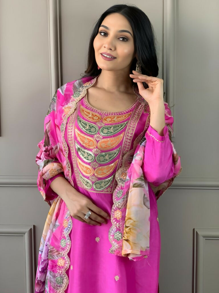 Partywear Designer Viscose Chanderi Pink Stitched Suit With Dupatta - Tanisha | Grocsy