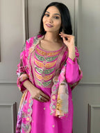 Partywear Designer Viscose Chanderi Pink Stitched Suit With Dupatta - Tanisha | Grocsy
