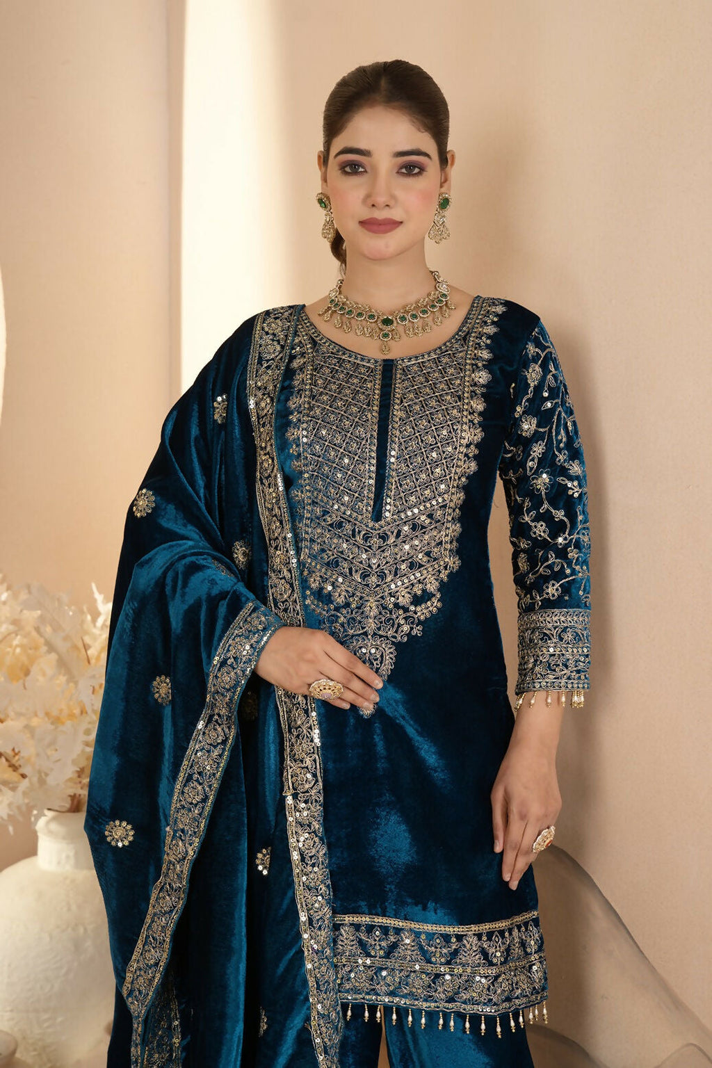 Joban Fashion Blue Velvet Sequence Embroidery Work Kurta Set | Grocsy