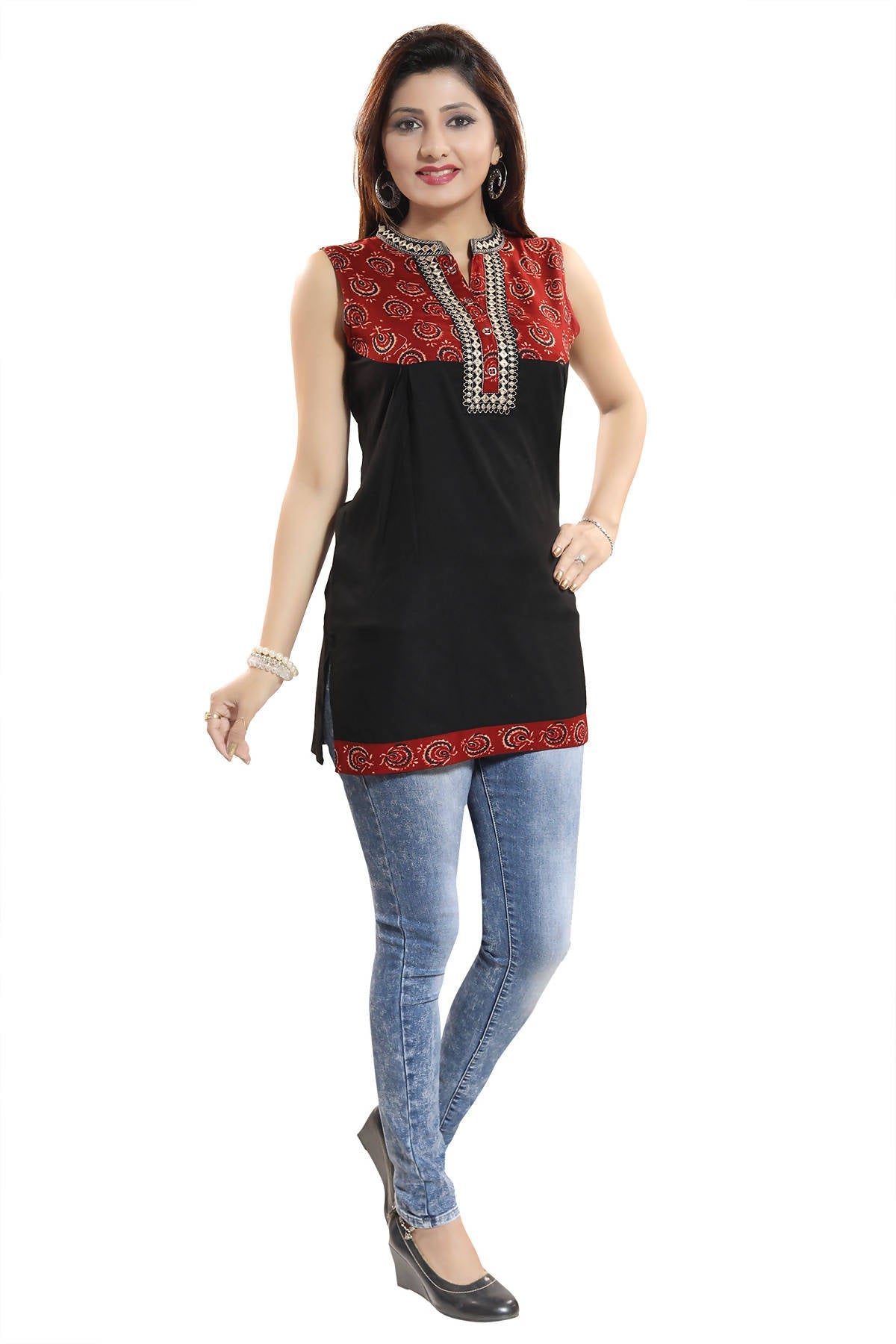 Snehal Creations Terrific Black Rayon Cotton Sleeveless Tunic Top | Grocsy