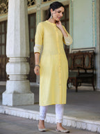 Juniper Women's Yellow Cotton Slub Embroidered Straight Kurta | Grocsy
