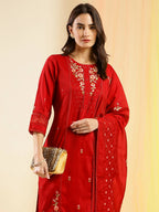 Red Chinon Embroidered Straight Kurta with Trouser & Dupatta - Salimar | Grocsy