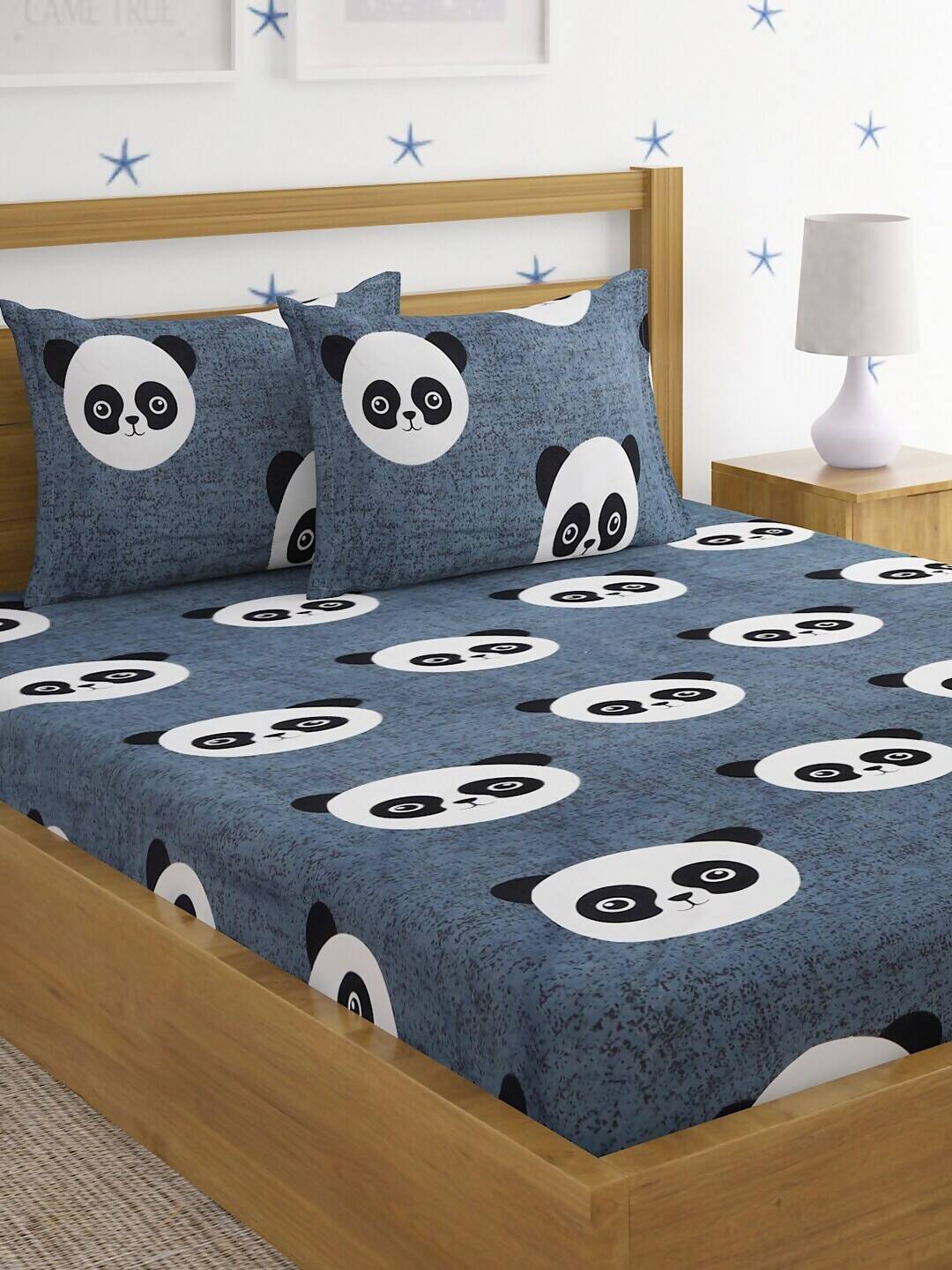 Home Sizzler Grey & White Panda 210 TC Bedsheet with Pillow Cover | Grocsy