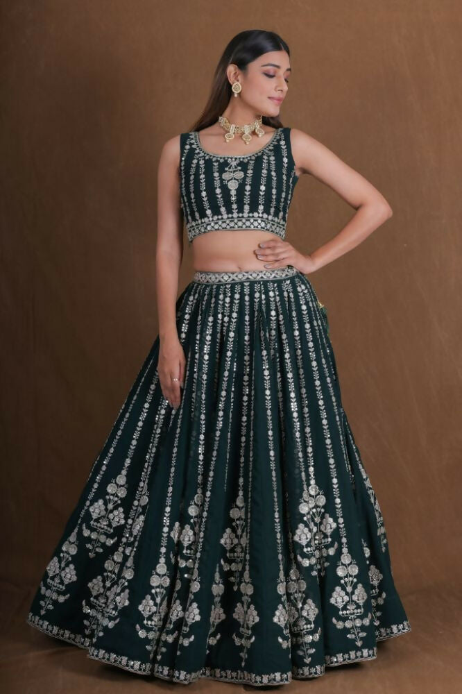 Bottlegreen Georgette Zari,Sequence Thread Embroidery Work Lehenga Choli - Jihu Culture | Grocsy