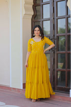 Joban Fashion Yellow Georgette Sequence Embroidery Work Gown | Grocsy