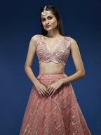 House of Panchhi Peach Net Sequinse Embroidered Lehenga & Blouse with Dupatta | Grocsy
