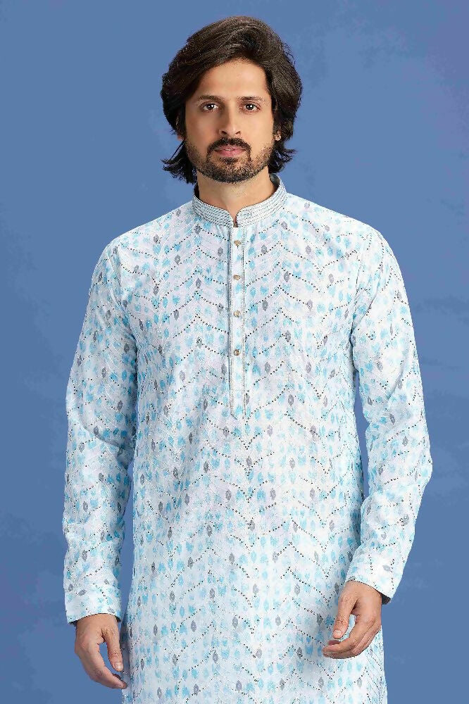 Raivat Ethnic Cotton Embroidery Kurta Pajama In Sky Blue Colour | Grocsy
