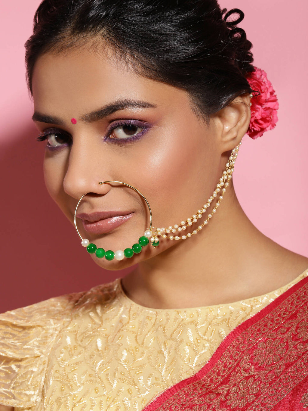 Gold-Polished White Green Stone-Studded Pearl Beaded Nosepin - Ruby Raang | Grocsy
