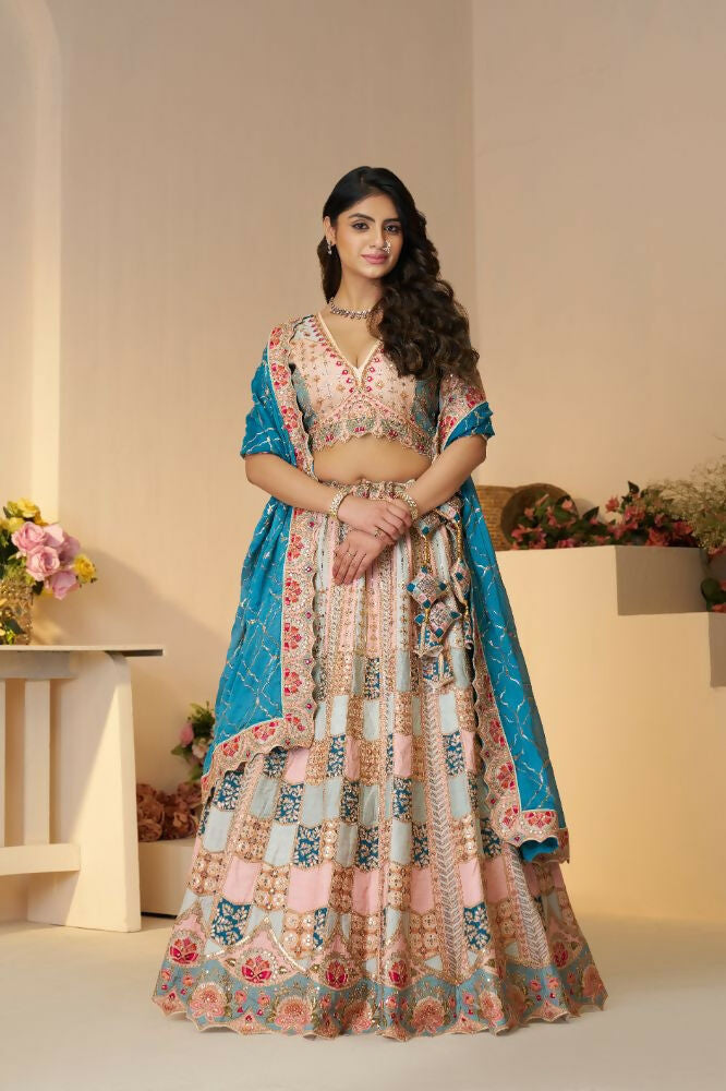 Kesar Fab Sky-Blue Silk Embroidered Lehenga | Grocsy