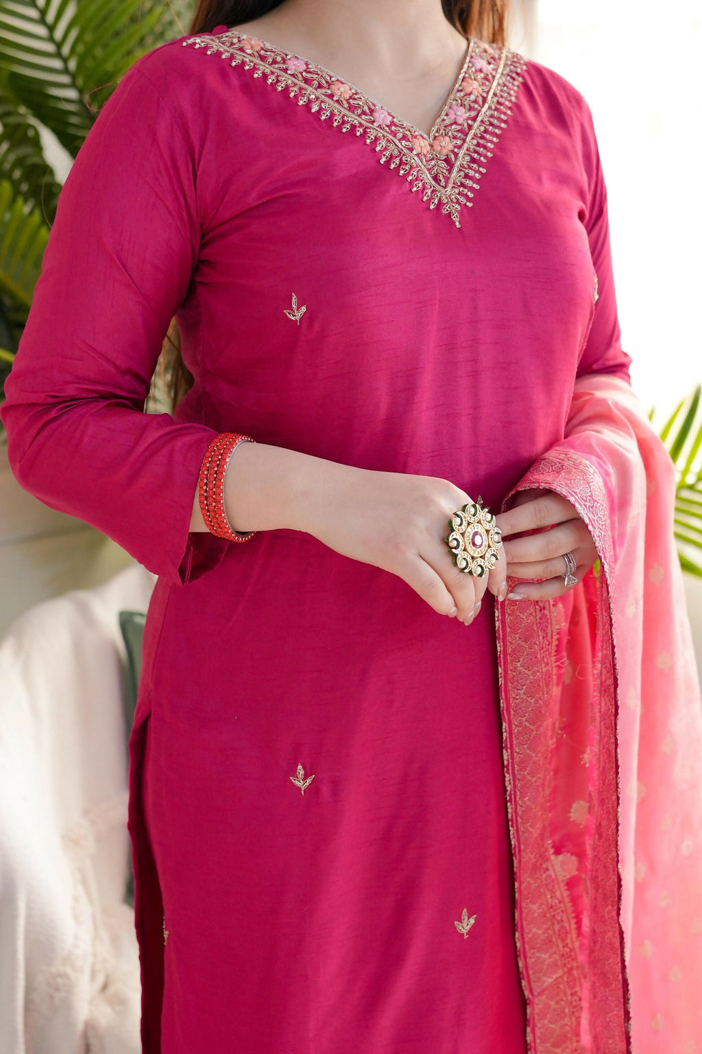 The52 Pink Women's Gorgeous Embroidered Vichitra Fabric Straight Kurta Pant with Dupatta Set | Grocsy